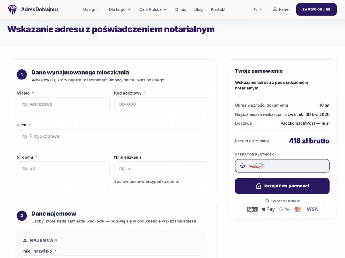 Formularz zamówienia adresu do najmu okazjonalnego online