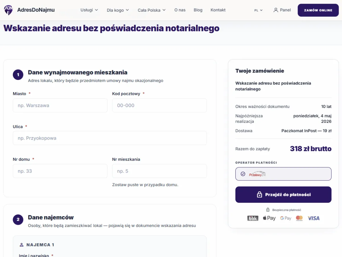 Formularz zamówienia adresu do najmu okazjonalnego online