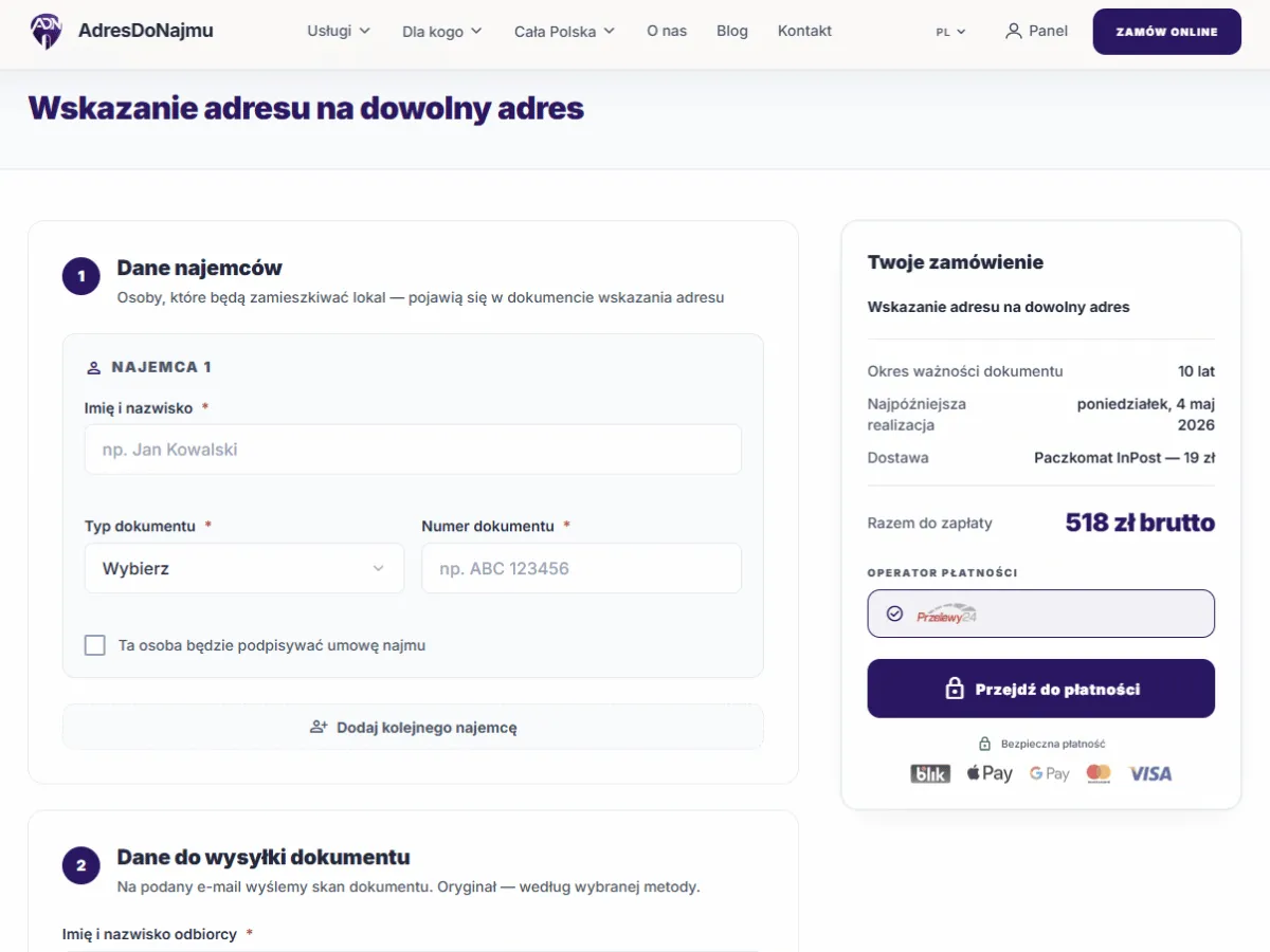 Formularz zamówienia adresu do najmu okazjonalnego online